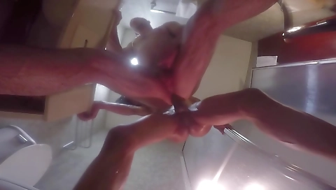 Ebony shemale fucked by a big dick in the bathroom